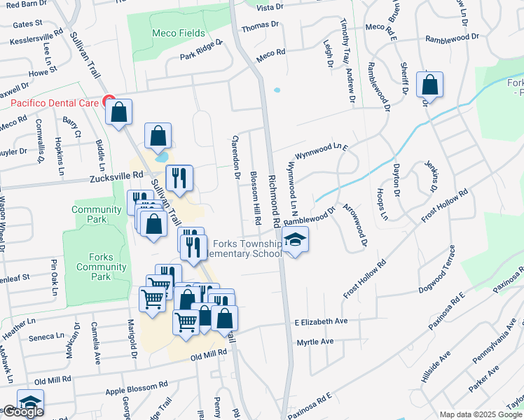 map of restaurants, bars, coffee shops, grocery stores, and more near 1845 Blossom Hill Road in Easton