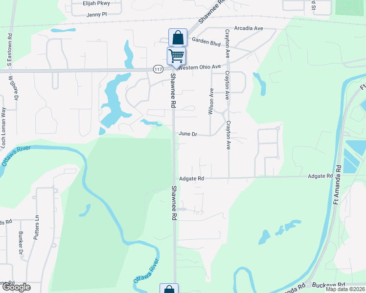 map of restaurants, bars, coffee shops, grocery stores, and more near 1525 Shawnee Rd in Lima