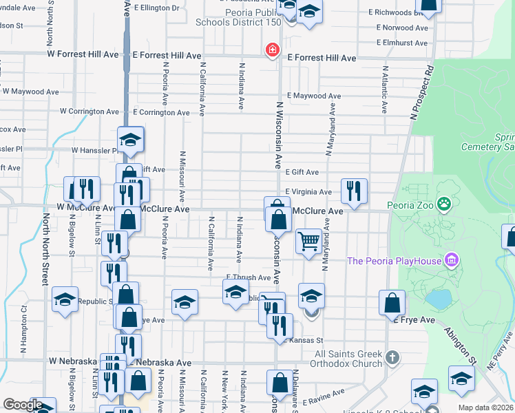 map of restaurants, bars, coffee shops, grocery stores, and more near 712 East McClure Avenue in Peoria