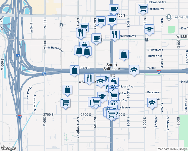 map of restaurants, bars, coffee shops, grocery stores, and more near 2450 South Main Street in South Salt Lake