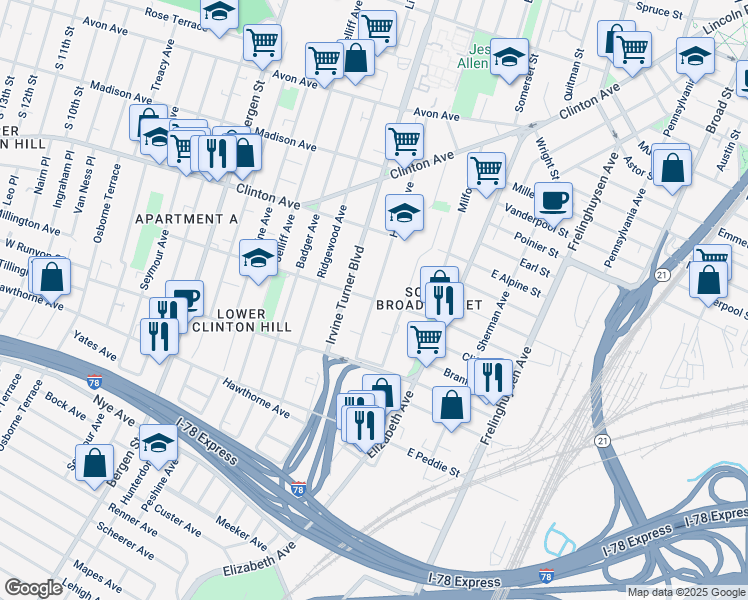 map of restaurants, bars, coffee shops, grocery stores, and more near W Bigelow St & Hillside Ave in Newark