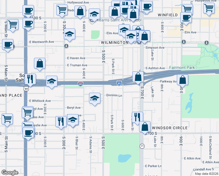 map of restaurants, bars, coffee shops, grocery stores, and more near 529 Warnock Avenue South in Salt Lake City