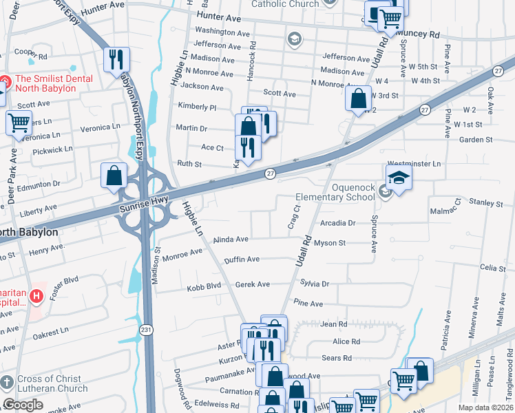 map of restaurants, bars, coffee shops, grocery stores, and more near 231 Curtin Avenue in West Islip