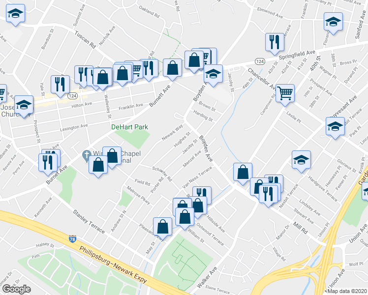 map of restaurants, bars, coffee shops, grocery stores, and more near 189 Jacoby Street in Maplewood