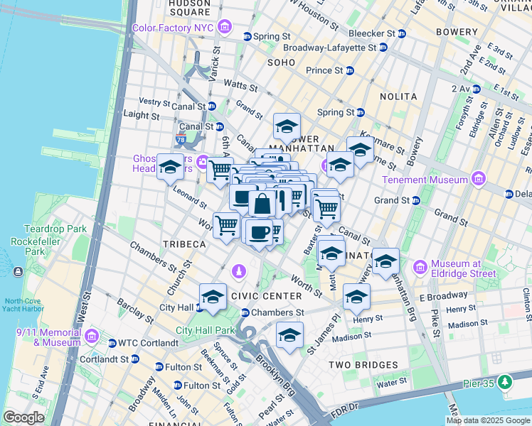 map of restaurants, bars, coffee shops, grocery stores, and more near 381 Broadway in New York