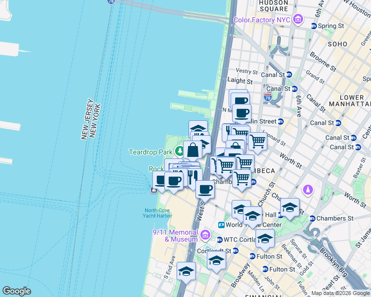 map of restaurants, bars, coffee shops, grocery stores, and more near 400 Chambers Street in New York