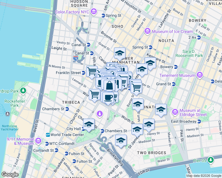 map of restaurants, bars, coffee shops, grocery stores, and more near 77 White Street in New York