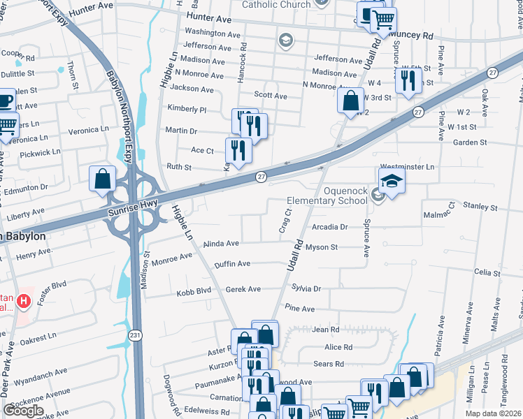 map of restaurants, bars, coffee shops, grocery stores, and more near 231 Curtin Avenue in West Islip