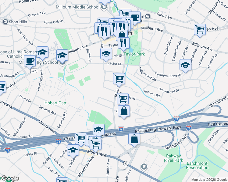map of restaurants, bars, coffee shops, grocery stores, and more near 237 Main Street in Essex County