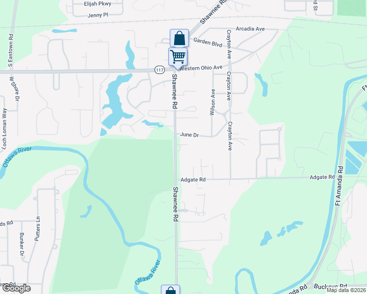 map of restaurants, bars, coffee shops, grocery stores, and more near 1525 Shawnee Road in Lima