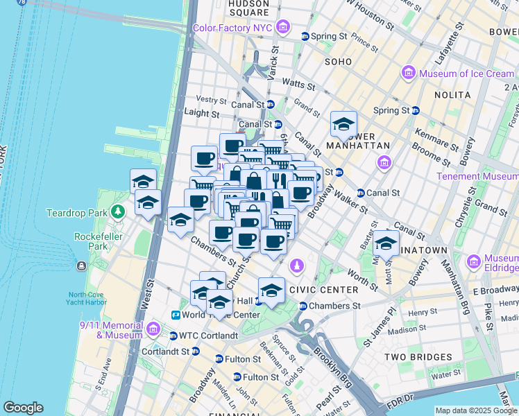 map of restaurants, bars, coffee shops, grocery stores, and more near 40 Leonard Street in New York