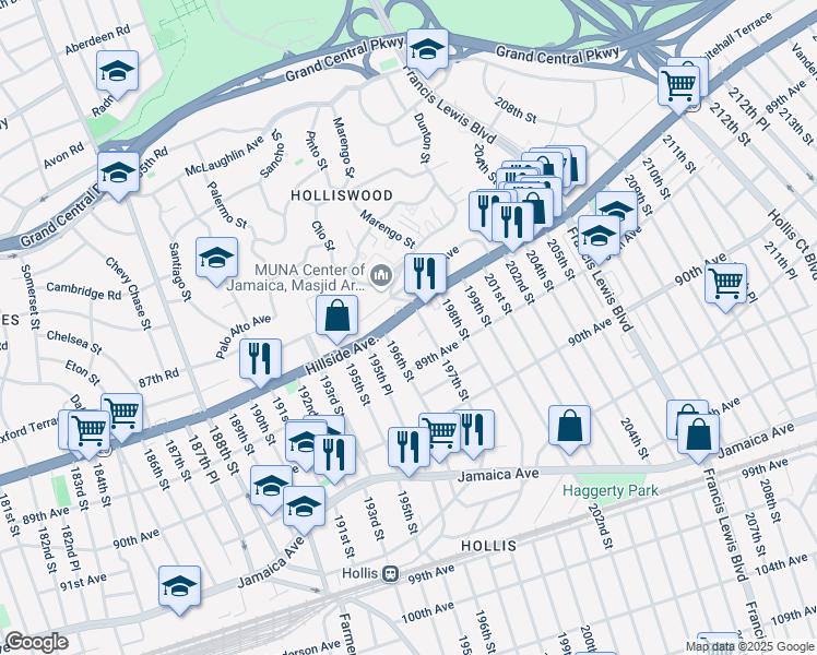 map of restaurants, bars, coffee shops, grocery stores, and more near 196-24 Hillside Avenue in Queens