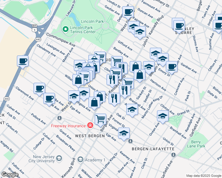 map of restaurants, bars, coffee shops, grocery stores, and more near in Jersey City
