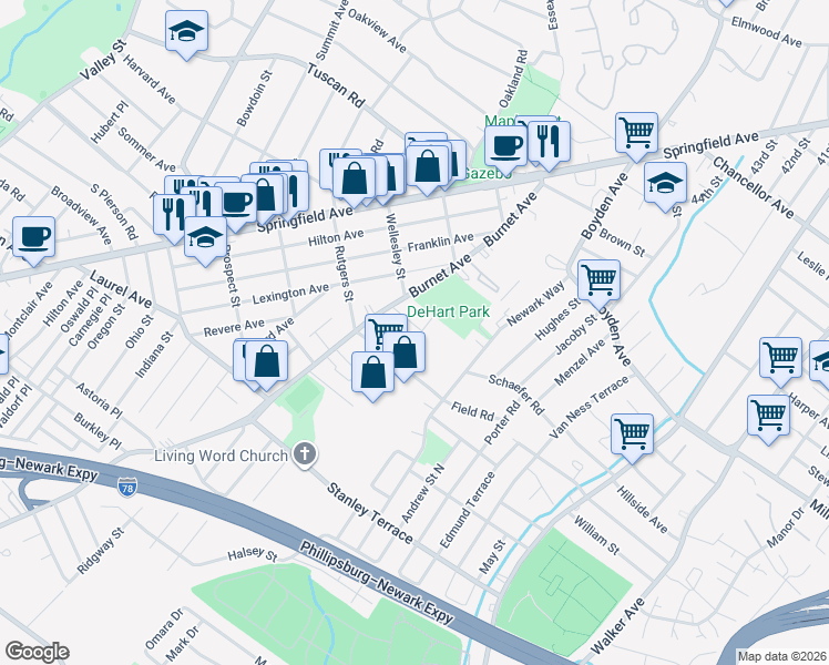 map of restaurants, bars, coffee shops, grocery stores, and more near 25 Toronto Court in Maplewood