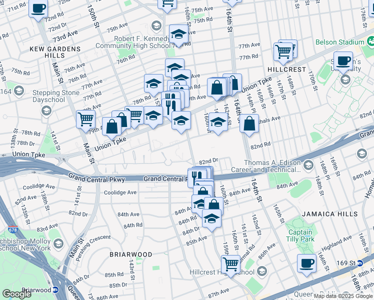 map of restaurants, bars, coffee shops, grocery stores, and more near 82-20 Parsons Boulevard in Queens