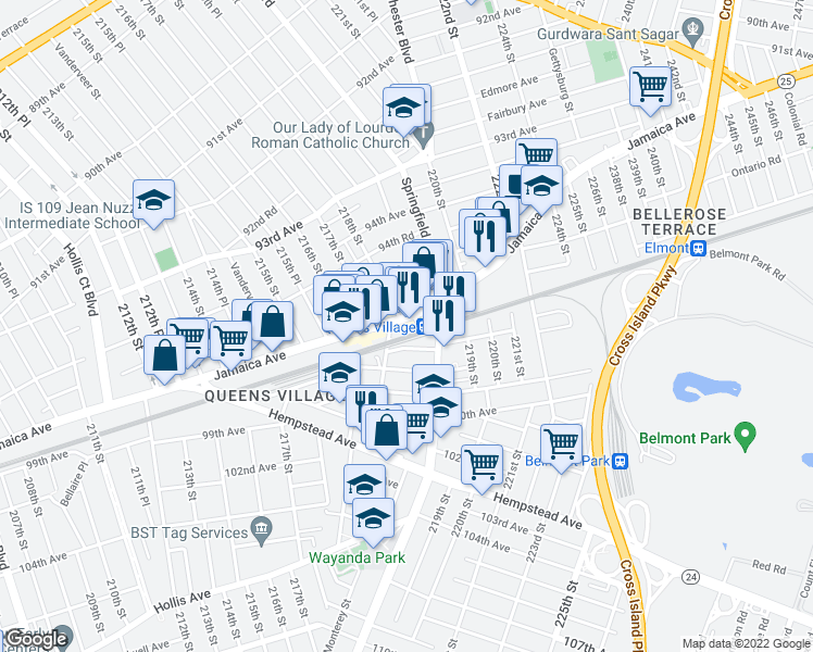 map of restaurants, bars, coffee shops, grocery stores, and more near 218-12 Jamaica Avenue in Queens