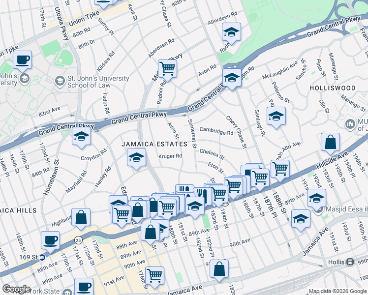 map of restaurants, bars, coffee shops, grocery stores, and more near 86-22 Somerset Street in Queens