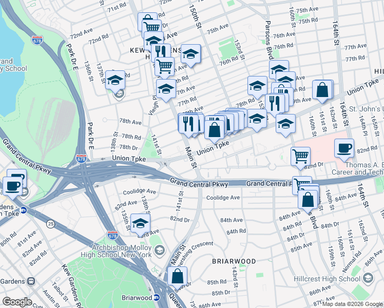 map of restaurants, bars, coffee shops, grocery stores, and more near Union Turnpike & Main Street in Queens