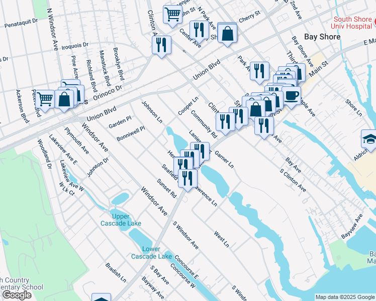 map of restaurants, bars, coffee shops, grocery stores, and more near 231 West Main Street in Bay Shore