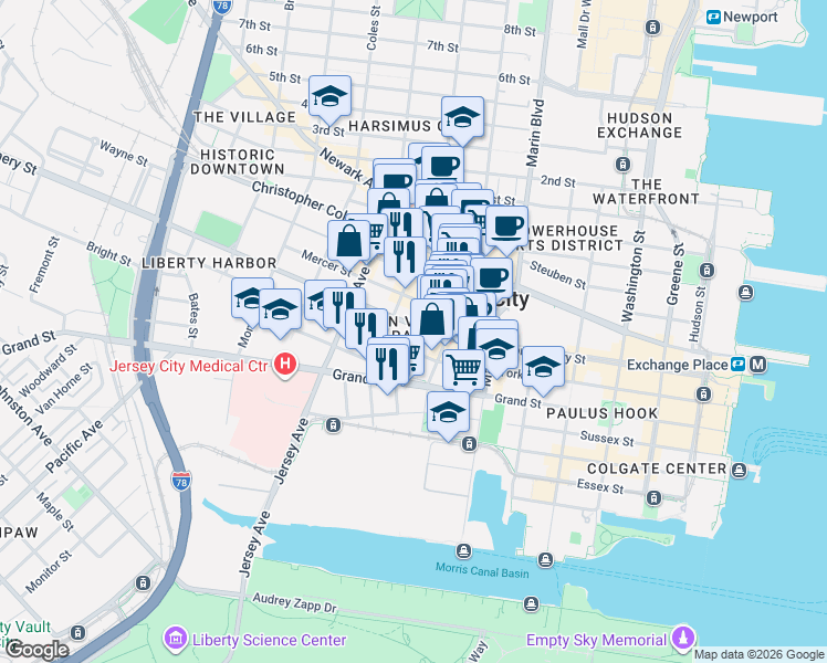 map of restaurants, bars, coffee shops, grocery stores, and more near 237 Montgomery Street in Jersey City