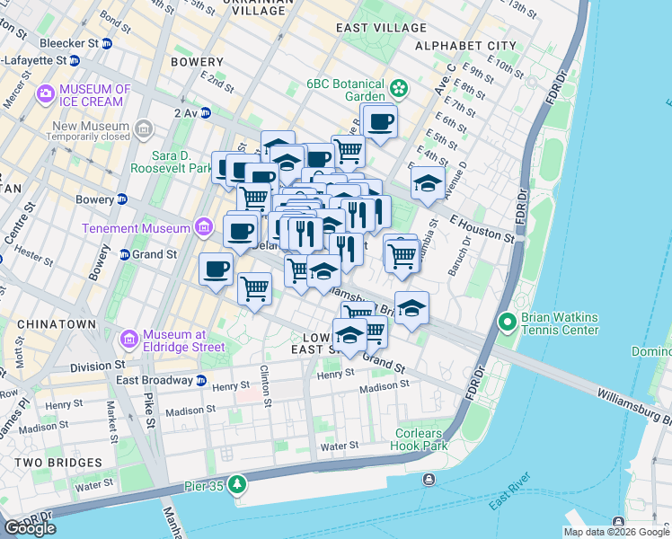 map of restaurants, bars, coffee shops, grocery stores, and more near in New York