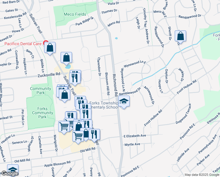 map of restaurants, bars, coffee shops, grocery stores, and more near 1845 Blossom Hill Road in Easton