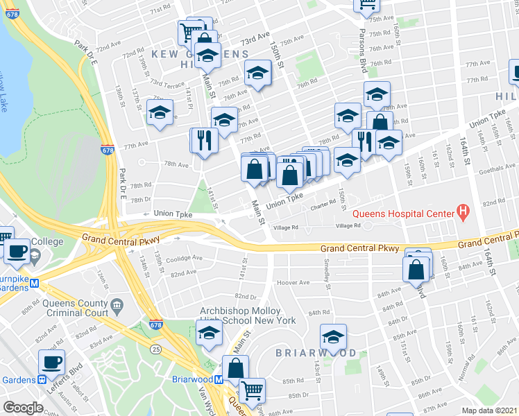 map of restaurants, bars, coffee shops, grocery stores, and more near Union Turnpike & Brooklyn-Queens Greenway in Queens