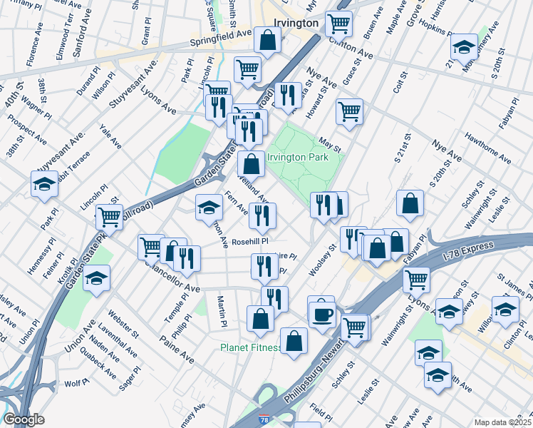 map of restaurants, bars, coffee shops, grocery stores, and more near 61-67 Welland Avenue in Irvington