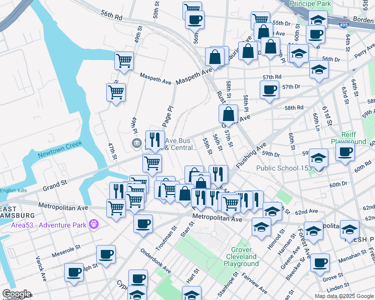 map of restaurants, bars, coffee shops, grocery stores, and more near 53-06 Grand Avenue in Queens