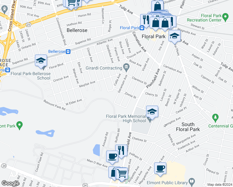map of restaurants, bars, coffee shops, grocery stores, and more near 132 Geranium Avenue in Floral Park
