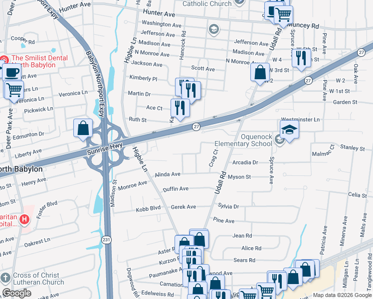 map of restaurants, bars, coffee shops, grocery stores, and more near 231 Curtin Avenue in West Islip