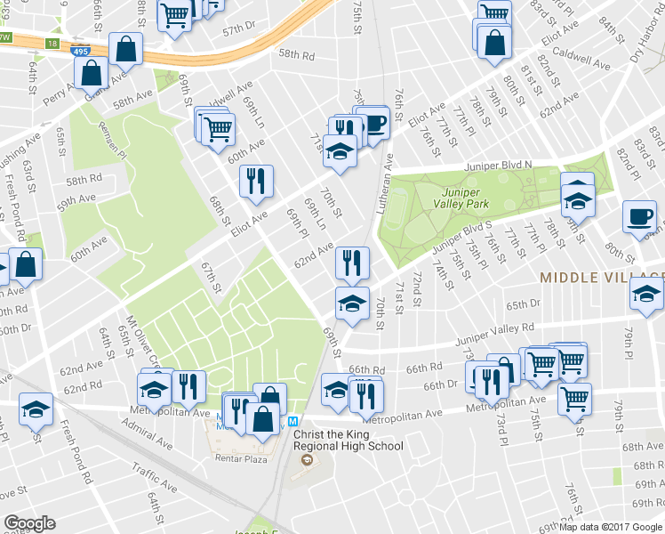 map of restaurants, bars, coffee shops, grocery stores, and more near 62-23 69th Place in Queens