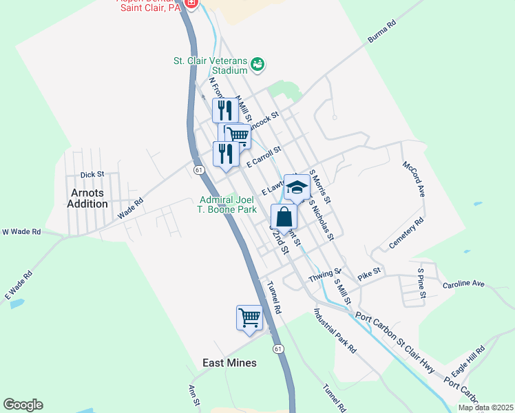 map of restaurants, bars, coffee shops, grocery stores, and more near 114 South 2nd Street in Saint Clair