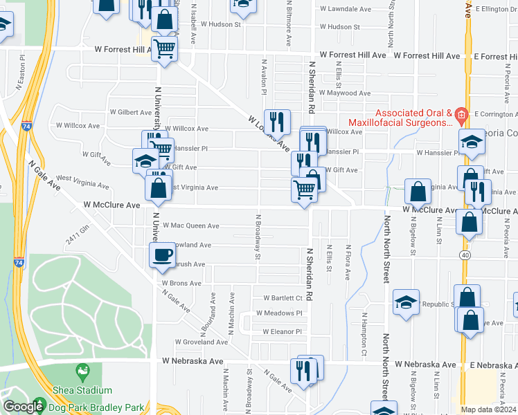 map of restaurants, bars, coffee shops, grocery stores, and more near 2498 North Broadway Street in Peoria