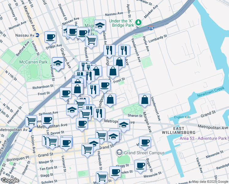 map of restaurants, bars, coffee shops, grocery stores, and more near 60 Kingsland Avenue in Brooklyn