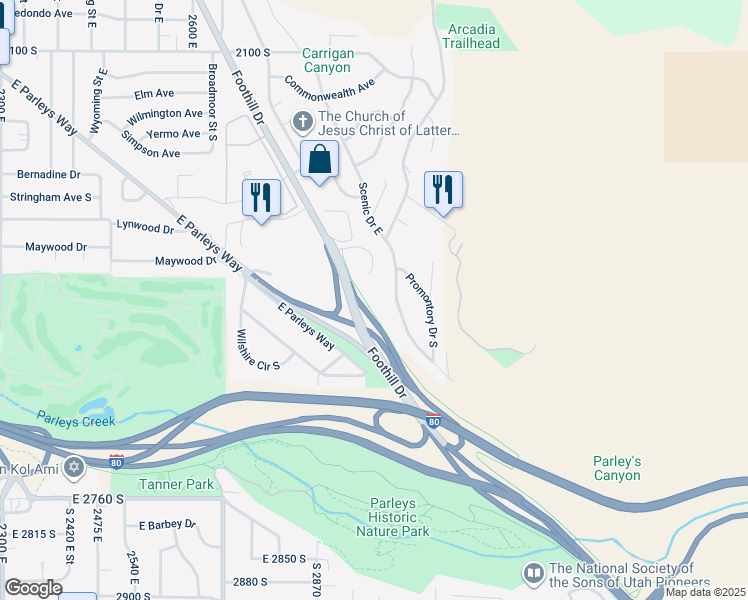 map of restaurants, bars, coffee shops, grocery stores, and more near 2408 Scenic Drive East in Salt Lake City
