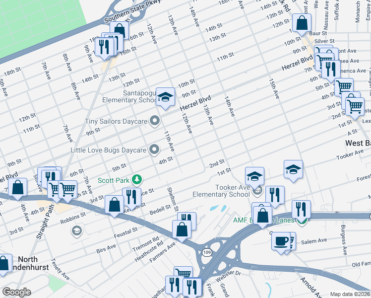 map of restaurants, bars, coffee shops, grocery stores, and more near 1133 4th Street in West Babylon