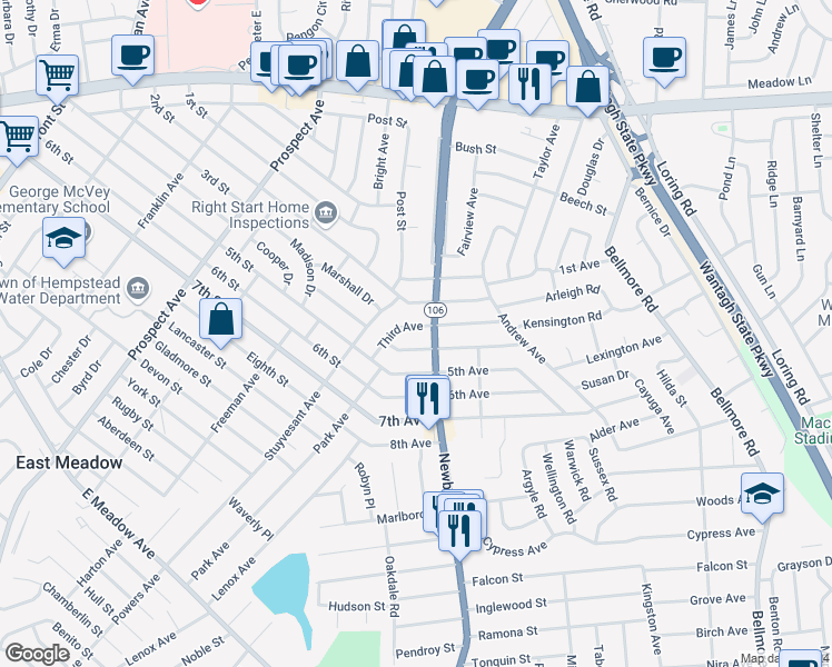 map of restaurants, bars, coffee shops, grocery stores, and more near 2469 4th Avenue in East Meadow