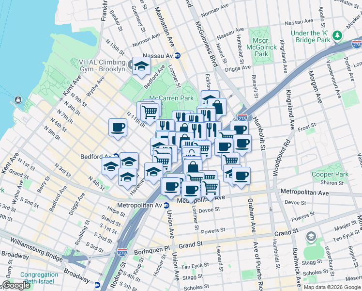 map of restaurants, bars, coffee shops, grocery stores, and more near 689 Lorimer Street in Brooklyn