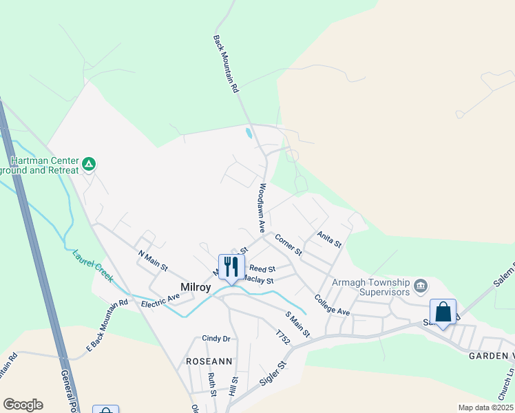 map of restaurants, bars, coffee shops, grocery stores, and more near 45 Woodlawn Avenue in Milroy