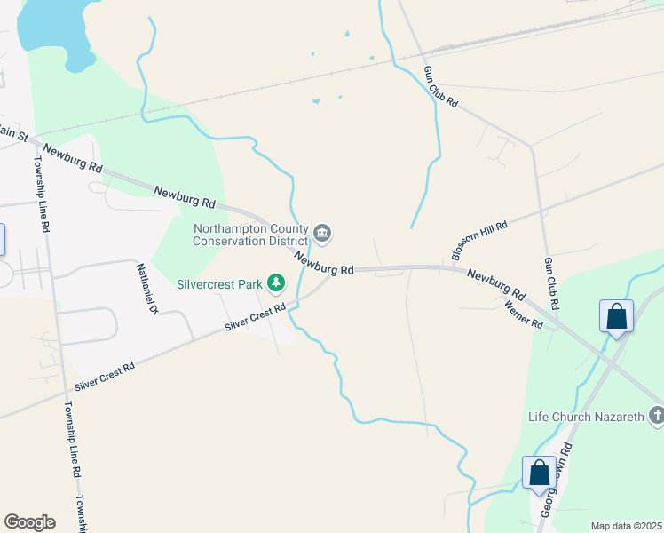 map of restaurants, bars, coffee shops, grocery stores, and more near 3107 Newburg Road in Nazareth