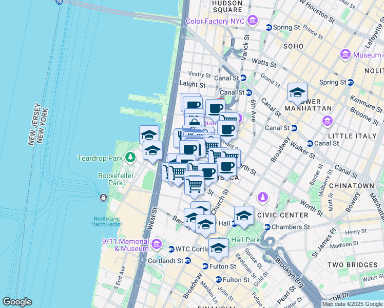 map of restaurants, bars, coffee shops, grocery stores, and more near 179 Duane Street in New York