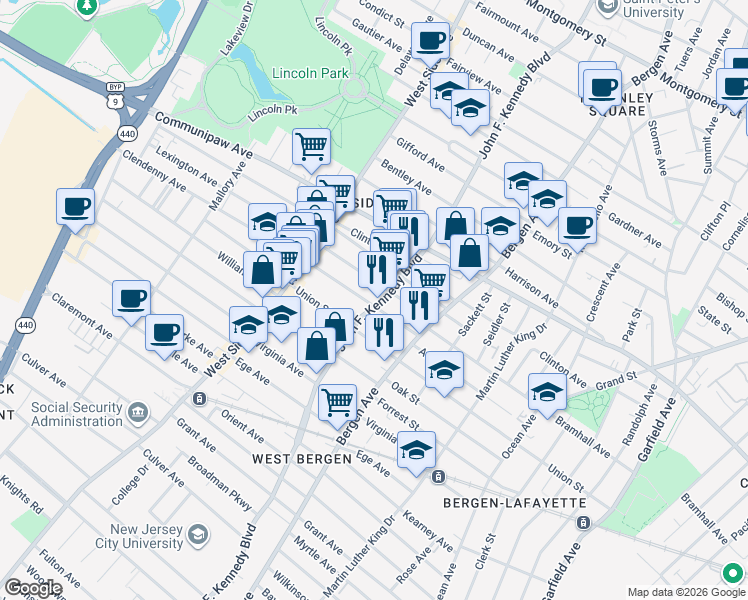 map of restaurants, bars, coffee shops, grocery stores, and more near 57 Clendenny Avenue in Jersey City