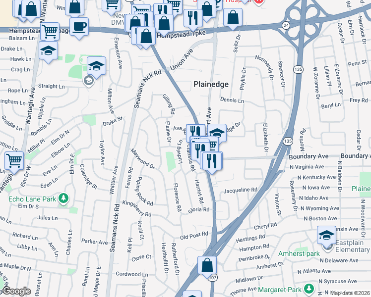 map of restaurants, bars, coffee shops, grocery stores, and more near 4266 Clarissa Road in Bethpage