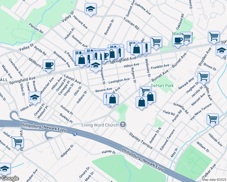 map of restaurants, bars, coffee shops, grocery stores, and more near 62 Concord Avenue in Maplewood