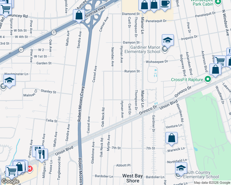 map of restaurants, bars, coffee shops, grocery stores, and more near 1099 Namdac Avenue in Bay Shore