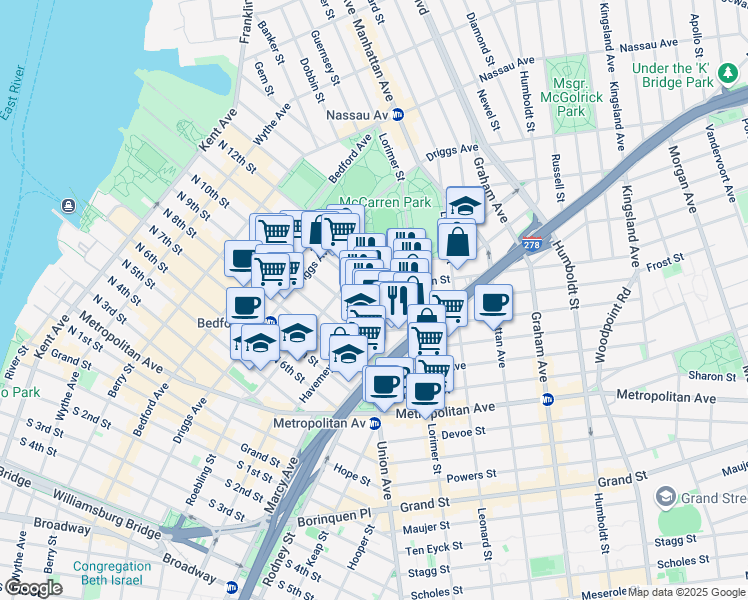 map of restaurants, bars, coffee shops, grocery stores, and more near 15 Frost Street in Brooklyn