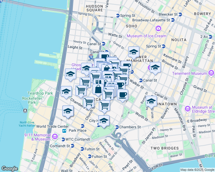 map of restaurants, bars, coffee shops, grocery stores, and more near 66 Leonard Street in New York