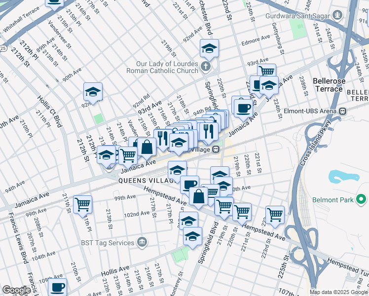 map of restaurants, bars, coffee shops, grocery stores, and more near 216-6 Jamaica Avenue in Queens