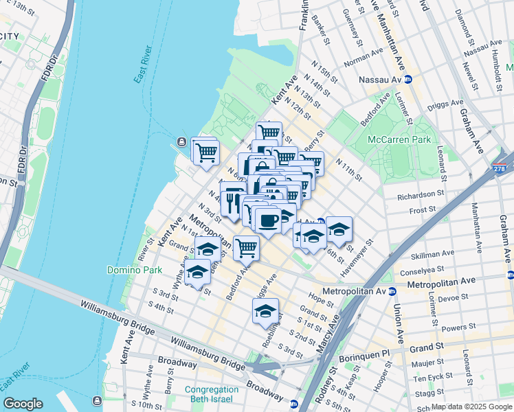 map of restaurants, bars, coffee shops, grocery stores, and more near 100 North 5th Street in Brooklyn